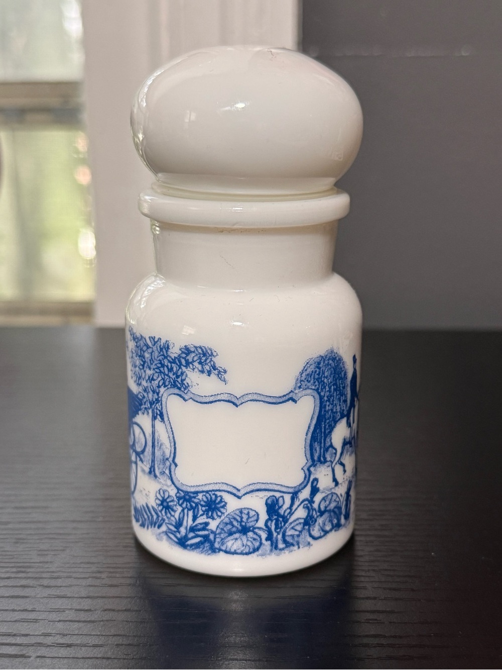 VTG 1970’s Belgium Milk Glass Apothecary Jar Featuring a Blue Victorian